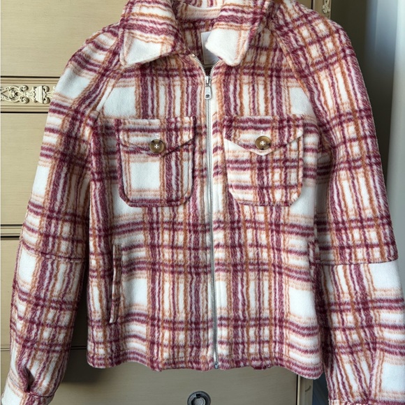 Avec Les Filles Jackets & Blazers - Avec Les Filles Cream and Pink Plaid Zip Jacket